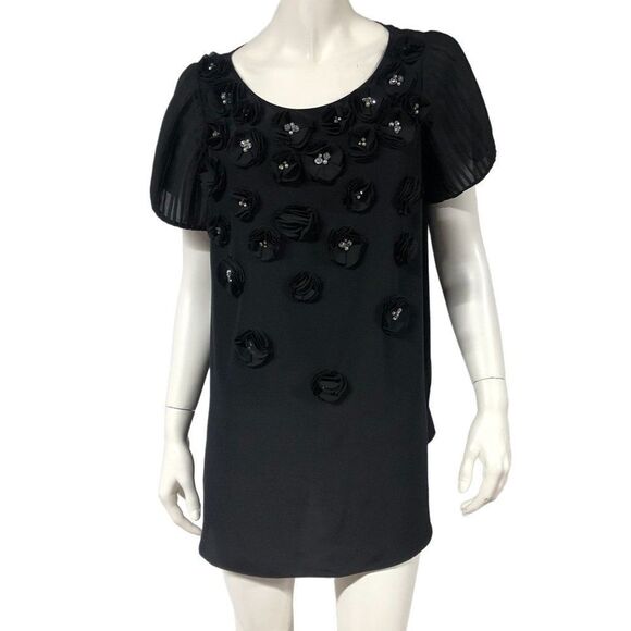 Anne Fontaine Black 3D Flower Steff Silk Blouse Top Pleated Sleeves Womens Size - Picture 1 of 7